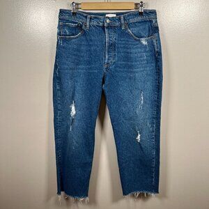 Boyish Tommy Stretch High Rise Straight Jeans Size 31 Ankle Frayed Hem Blue